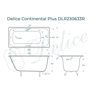 Ванна чугунная Delice Continental Plus DLR230633R 150х70 см с отверстиями под ручки 8
