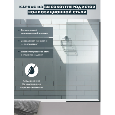 Шторка для ванной MebelVann (BEN_403_BL_C_1400x700) прозрачное стекло, черный матовый 5