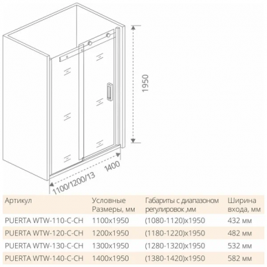 Душевая дверь Good Door Puerta WTW-120-C-CH  (120x195 см) профиль хром/ стекло прозрачное 3