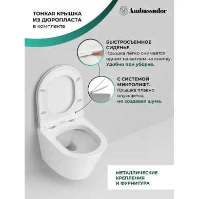 Чаша подвесного унитаза Ambassador Ritz 233K19004RS безободковый, сиденье с микролифтом 5
