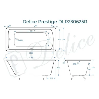 Ванна чугунная Delice Prestige DLR230625R 170х75 см с отверстиями под ручки 8