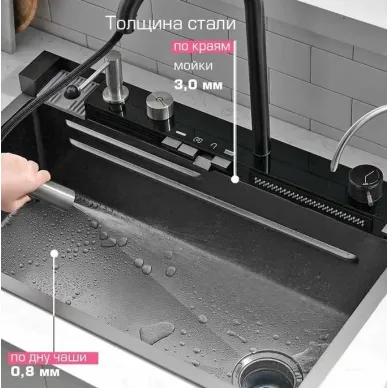 Мойка кухонная Esbano Cascade-5 многофункциональная, 75x45 см, темная сталь 13