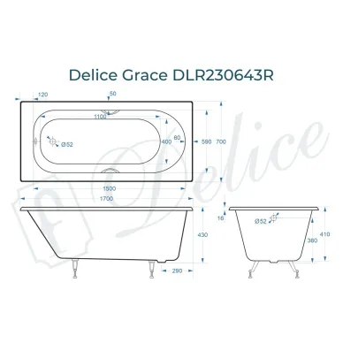 Ванна чугунная Delice Grace DLR230643R 170x70 см с отверстиями под ручки 8