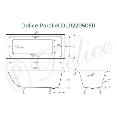 Ванна чугунная Delice Parallel DLR220505RB 170х70 см, без антискользящего покрытия, с ручками черными матовыми 8