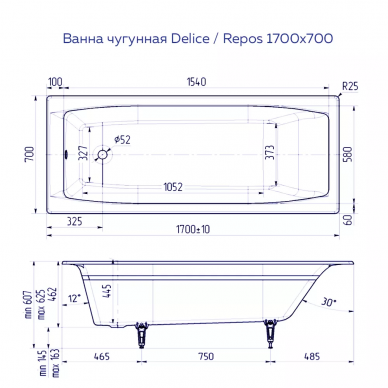 Ванна чугунная Delice Repos (DLR 220508R) 170x70 см, без антискользящего покрытия, с ручками 9