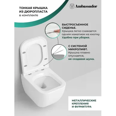 Чаша подвесного унитаза Ambassador Forsa 243K19003S ободковый, сиденье с микролифтом 6
