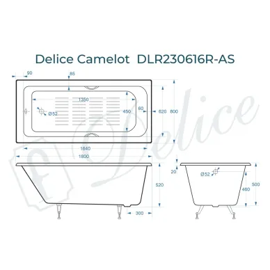 Ванна чугунная Delice Camelot DLR230616R-AS 180х80 см, с антискользящим покрытием, с отверстиями под ручки 8