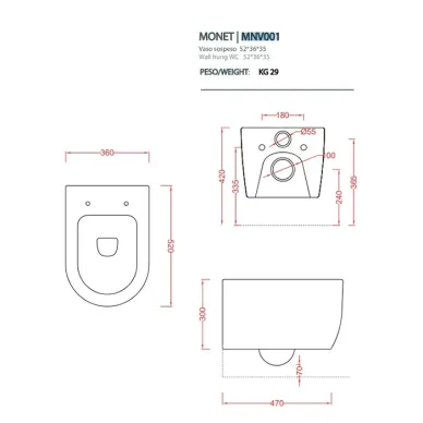 Artceram Monet Унитаз подвесной Rimless 36х52 см, цвет белый MNV001 01 00 5