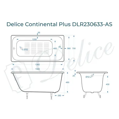 Ванна чугунная Delice Continental Plus DLR230633-AS 150х70 см с антискользящим покрытием 7