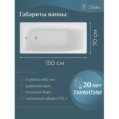 Ванна чугунная Delice Repos (DLR 220507) 150x70 см, без антискользящего покрытия 2