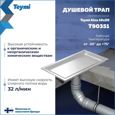 Душевой лоток Teymi Aina T90351 нержавеющая сталь, сухой затвор, 10x20 см 6