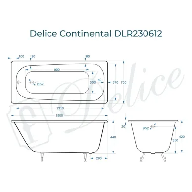 Ванна чугунная Delice Continental DLR230612 150х70 см, без антискользящего покрытия 7
