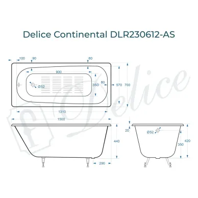Ванна чугунная Delice Continental DLR230612-AS 150х70 см, c антискользящим покрытием 7