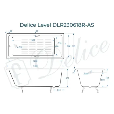 Ванна чугунная Delice Level DLR230618R-AS 140х70 см, c антискользящим покрытием, с отверстиями под ручки 8