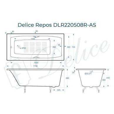 Ванна чугунная Delice Repos DLR220508RB-AS 170х70 см, с антискользящим покрытием, с ручками черными матовыми 8