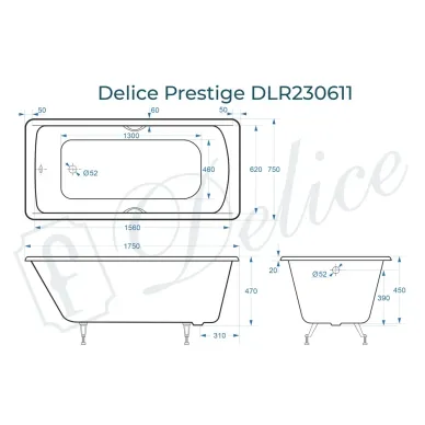 Ванна чугунная Delice Prestige DLR230611 175х75 см,  без антискользящего покрытия 7
