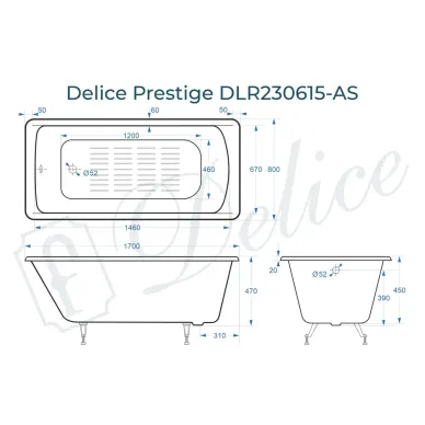 Ванна чугунная Delice Prestige DLR230615-AS 170х80 см, с антискользящим покрытием 7